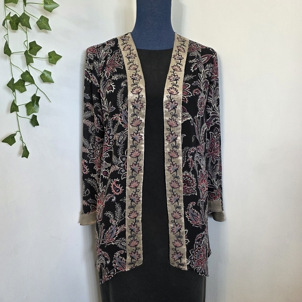 Belle by Kim Gravel Printed Sheer Chiffon Cardigan with Embroidery